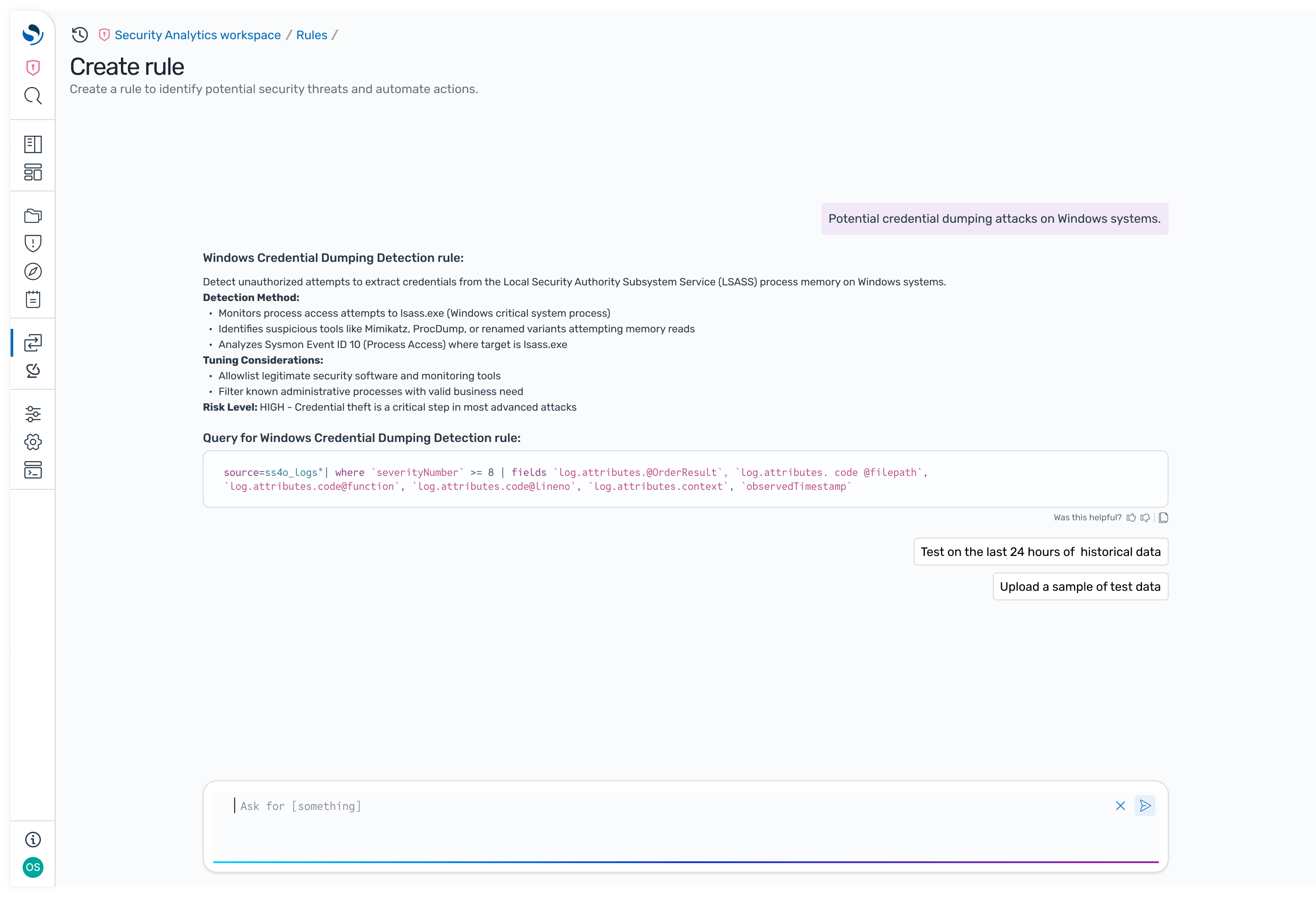 Generated draft rule: detection method, tuning considerations, and risk level, with the generated query shown in full and next actions offering to test against historical data.