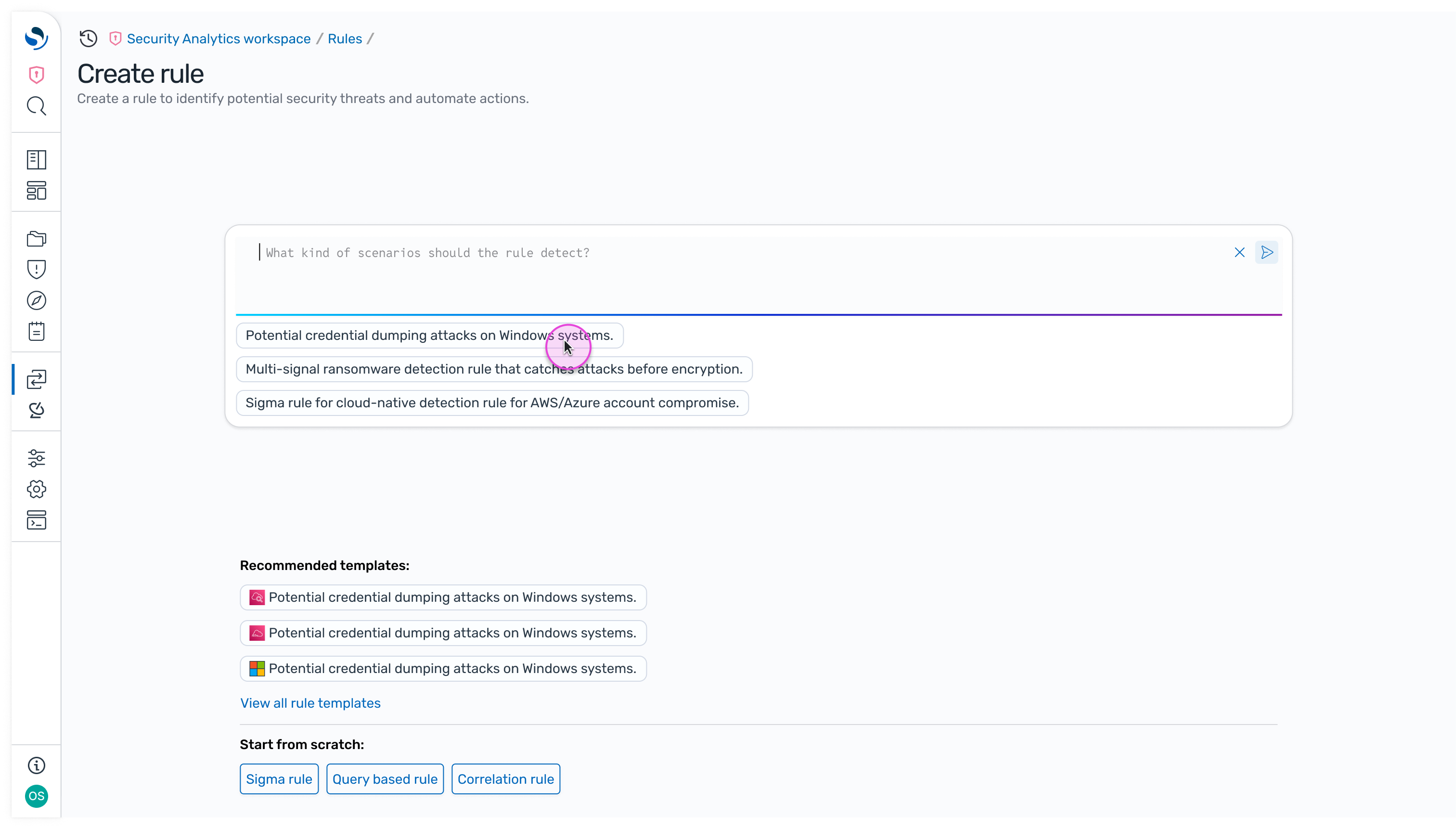 Intent entry page: a plain-language prompt asking what the rule should detect, with suggested intents, recommended templates, and manual starting points below.