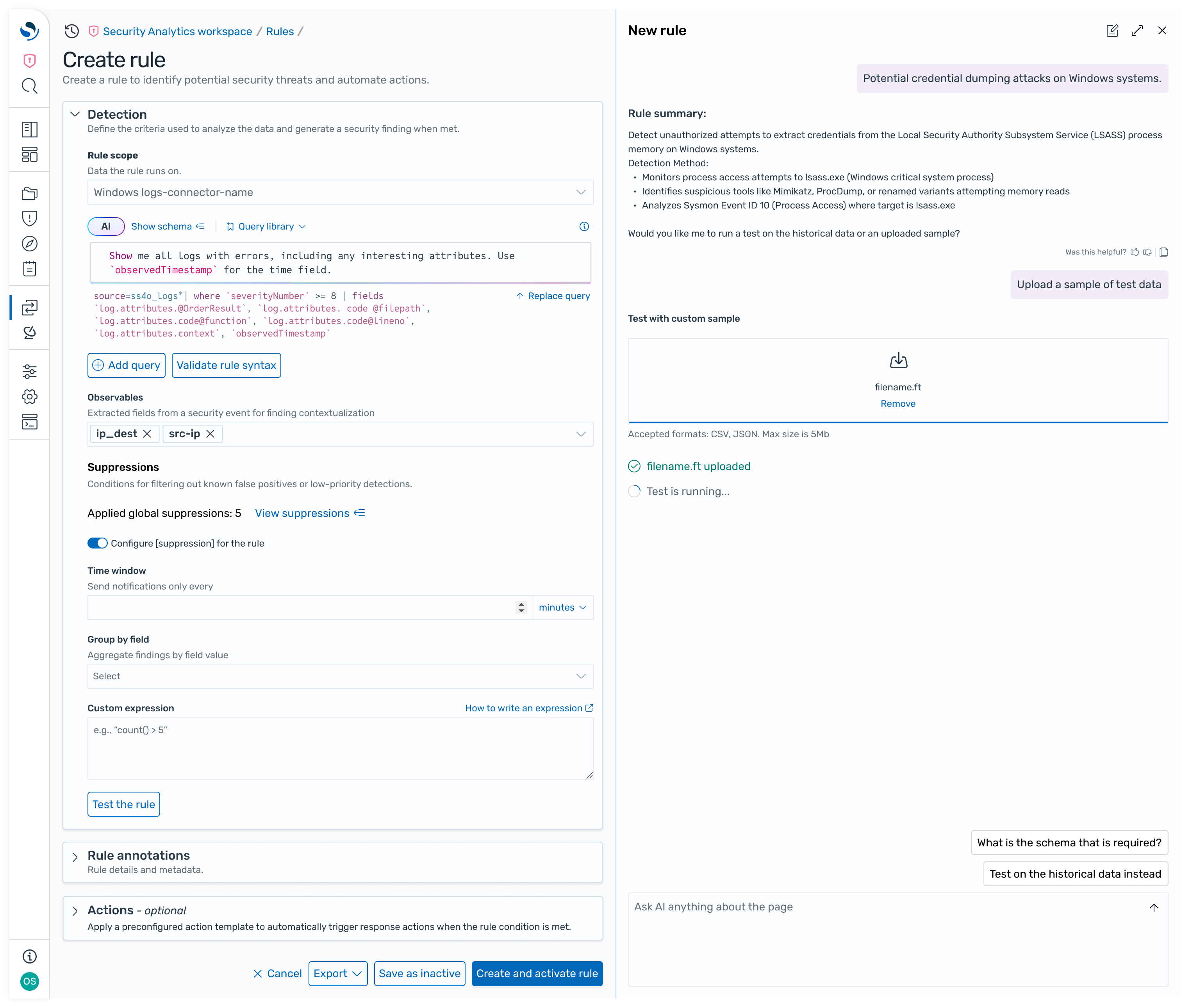 Rejected side-by-side exploration, second state: the same form beside the agent panel running a test against an uploaded sample.