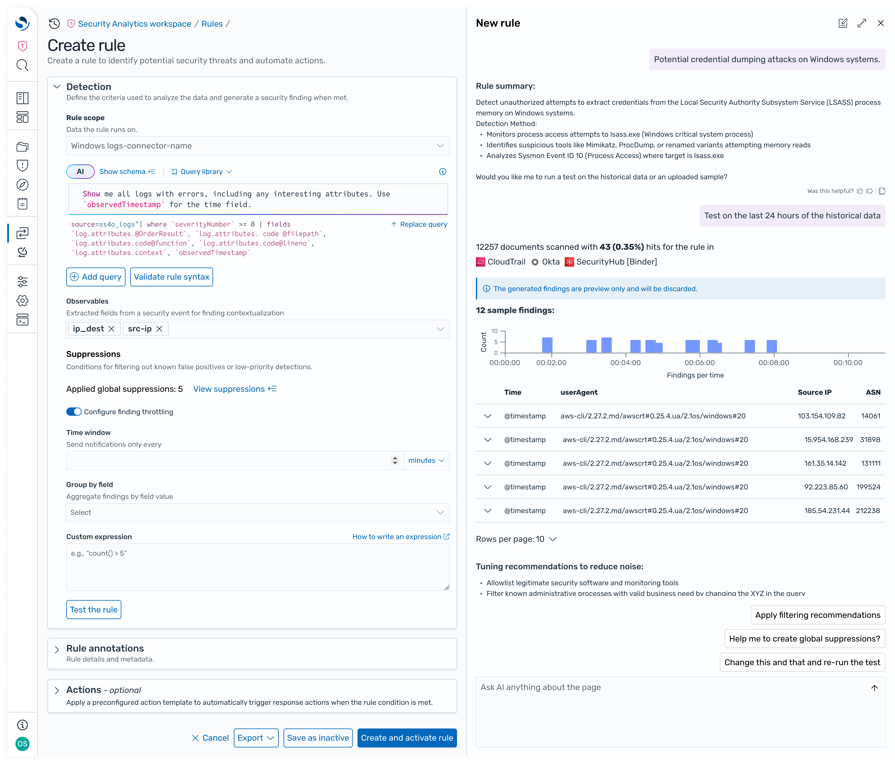 Rejected side-by-side exploration: the configuration form on the left, an agentic panel on the right showing a generated rule summary and test results.
